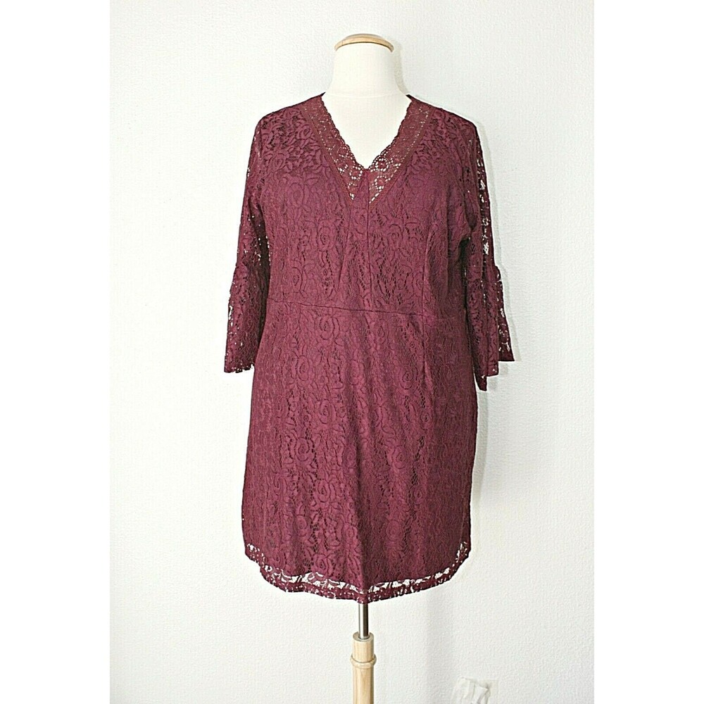 SUZANNE BETRO Burgundy Lace Cocktail Party Dress 3/4 Sl. Lined Plus Size 3X #04